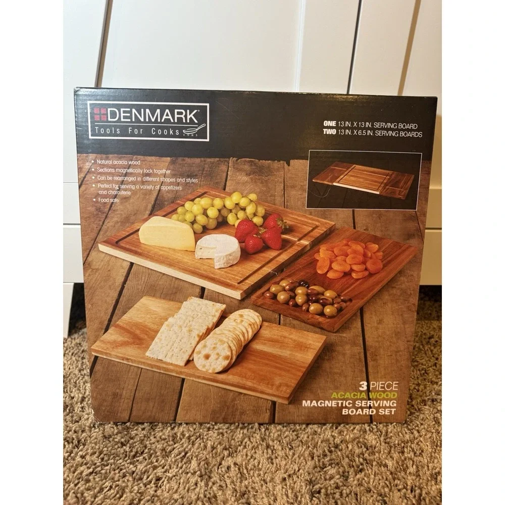 NEW Demnark 3 Pc Acacia Wood Magnetic Serving Board Set Charcuterie Boards‎